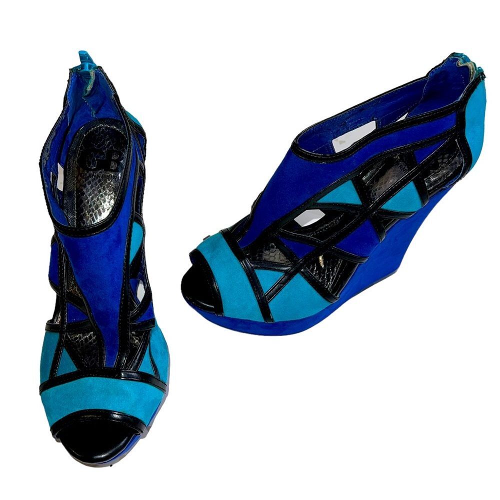 Gianni Bini 6M Blue Suede Wedge Sandals Colorblock Geometric